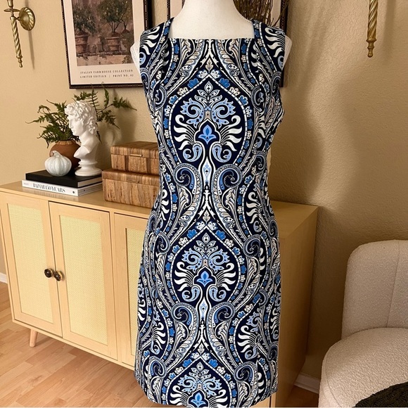 J.Mclaughlin Sleeveless Scuba Dress Size S Blue Paisley Square Neckline - Picture 1 of 7